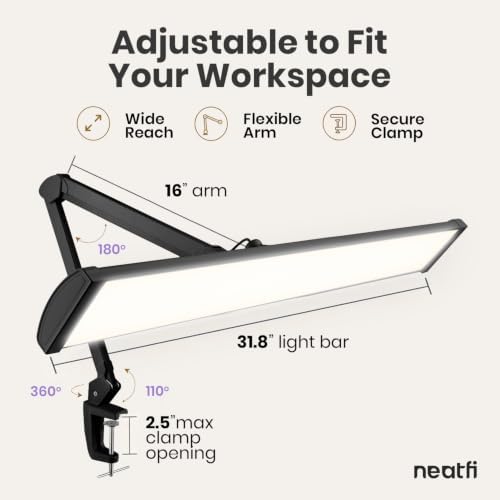 Neatfi Pro LED Task Lamp with Clamp | CRI 95 | 50W | 684 LED Beads | 4,500 Lumens | Touch CCT Dimming | 3000K-6500K | Desk Light for Reading, Crafting & Home Office Use (Black-7, 31.8-Inch Wide Shade) - Image 5