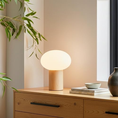 Brightech Ivy LED Table Lamp - Small 9” Bedside Reading Lamp, Modern Desk and Nightstand Light with Ambient Lighting for Bedroom, Living Room, Office - Frosted Glass Globe Lamp Shade, Wood - Image 5