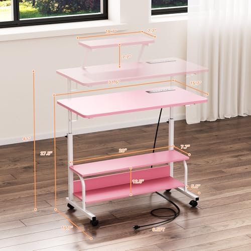 Height Adjustable Standing Desk with Power Outlets and LED Lights - 32" Manual Stand Up Desk with Monitor Stand and Storage Shelves Small Mobile Rolling Computer Desk Portable Laptop Table, Pink - Image 3