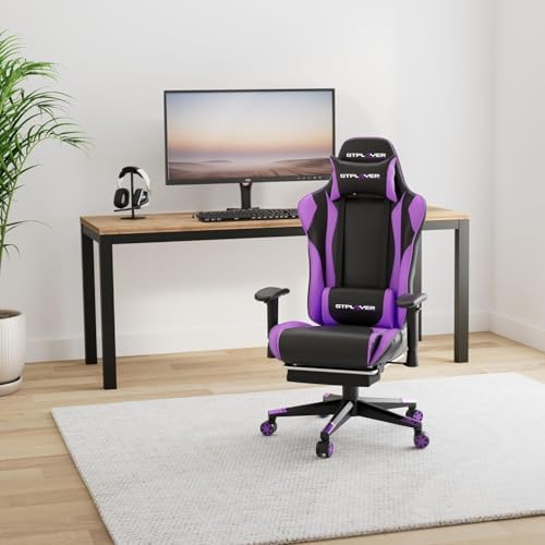 GTPLAYER Gaming Chair with Footrest, Ergonomic Computer Game Desk Chair, Reclining Gamer Chair Seat Height Adjustment, Swivel Rocker with Headrest and Lumbar, Purple - Image 2