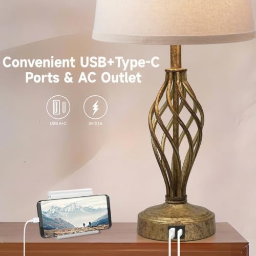 Ruiever Touch Table Lamps Set of 2, nightstand lamp with USB Ports Bedside 3 Way Touch dimmer Desk lamp for Living Room Bedroom,Antique Gold Spiral cage Base Design Warm White dimmer Bulbs Included. - Image 3