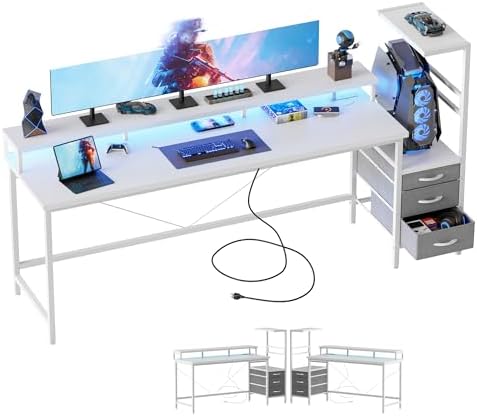 Mericonia 68 inch Gaming Desk with Drawers, Reversible Computer Desk, White by MERICONIA