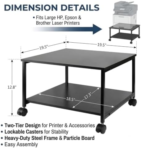 2-Tier Under Desk Printer Stand, 19.5" x 19.5" Large Rolling Printer Cart - Image 3