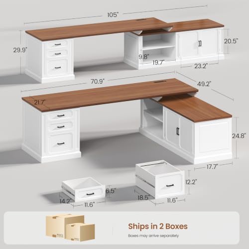 SEDETA Farmhouse L Shaped Desk with Drawers, 70.9" Home Office Desk with Storage Cabinet and Storage Shelves, L Shaped Computer Desk with Power Outlet，White+Brown - Image 2