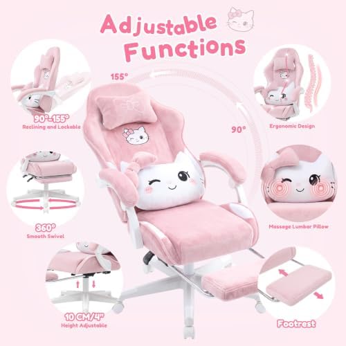 Pink Cat Gaming Chair,Ultra Soft Cute Microplush Fleece Office Desk Chair - Image 6