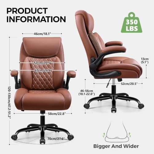 Office Chair, Ergonomic Executive Desk Chair with Lumbar Support for Lower Back Pain Relief, Padded Flip-Up Armrests, Leather Home Office Chair, Brown - Image 2