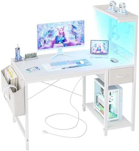 TIQLAB Gaming Desk 40 inch with Power Outlet and LED Light, Computer Desk with Reversible Shelves and Storage Drawer, Small PC Desk for Home Office Table with Bag, Carbon Fiber White by TIQLAB