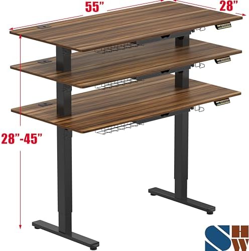 SHW 55 x 28 Electric Height Adjustable Standing Desk w/Drawer, Walnut - Image 3