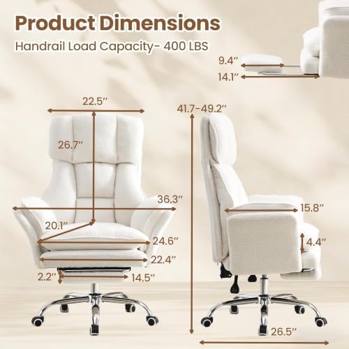 Big and Tall Office Chair with Flip Arms and Footrest, Teddy Criss Cross Legged Home Office Desk Chair with Pet Seat, Comfy Reclining Computer Gaming Chair, White - Image 2
