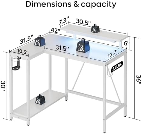 Pinmoco 42" Reversible Small L-Shaped Gaming Desk with LED Lights, White - Image 2