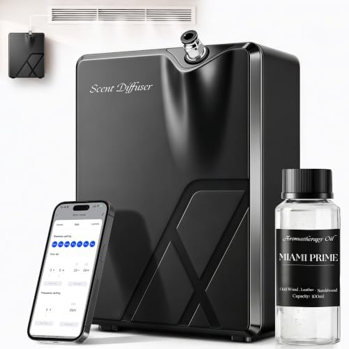 Smart HVAC Scent Diffuser, Waterless Essential Oil Diffuser for Whole House & Large Room up to 2000 Sq.Ft, Cold Air Hotel Collection Scent Machine with WiFi & Bluetooth App, Includes 100ml Oil, Black by Unknown