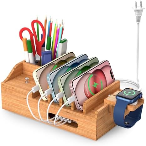 Bamboo Charging Station for Multiple Devices with USB Charger, 5 Cables by PezinHulin