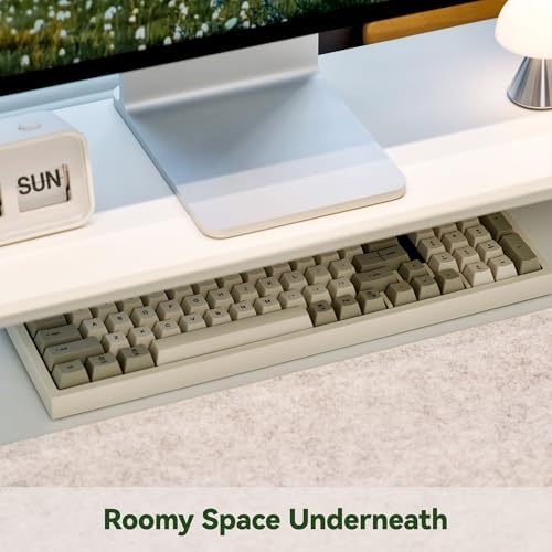 Bamboo Dual Monitor Stand Riser, White Desk Shelf with Storage - Image 4