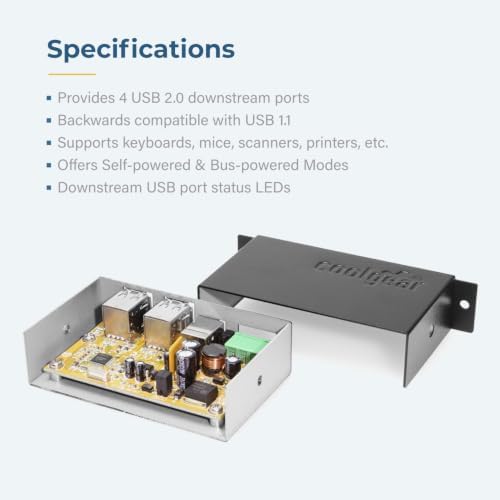 Coolgear Industrial 4-Port Powered USB 2.0 Hub with Port Status LEDs, Metal Housing, 7-24 VDC Input, Wall and DIN-Rail Mountable, PC & Mac Compatible - Image 4