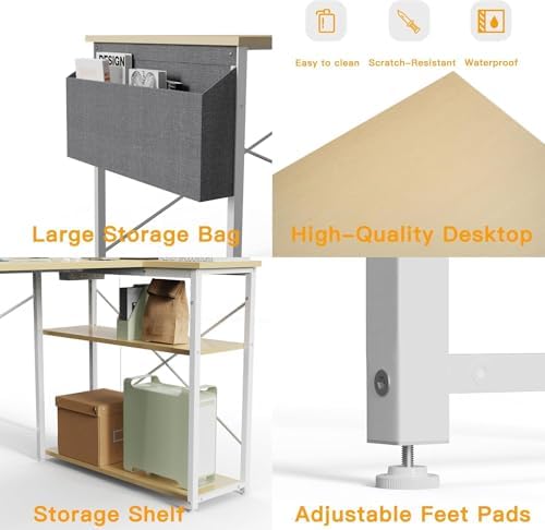 TIQLAB L Shaped Computer Desk with Power Outlets, 55 Inch Small Corner Desk with Reversible Shelves, Gaming Desk Computer Table Study Writing Desk for Home Office Small Space, Beige - Image 5