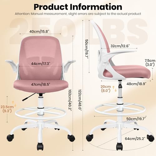 Primy Drafting Chair Tall Office Chair with Flip-up Armrests Executive Ergonomic Computer Standing Desk Chair with Lumbar Support and Adjustable Footrest Ring (Rose Quartz) - Image 3