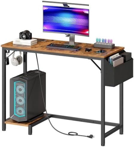 HOOBRO Small Gaming Desk, Computer Desk with Charging Station, Rustic Brown by HOOBRO