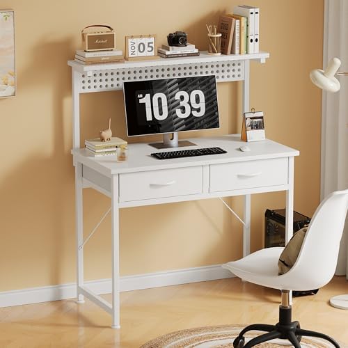 MUTUN Small Desk with Drawers, 31 Inch Computer Desk with Power Outlet & LED Light, Gaming Desk with Adjustable Monitor Stand & Pegboard, Modern PC Study Writing Table for Bedroom, White - Image 2