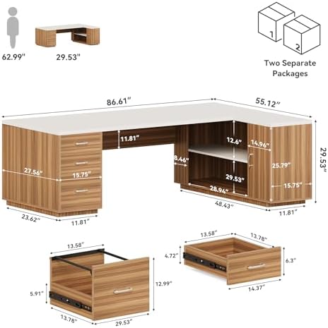 LITTLE TREE 87-Inch Modern Executive Desk with File Cabinet, Large Home Office Desk with Drawers, 3-Drawer Wooden File Cabinet, Spacious Workstation for Home Office (White & Brown) - Image 2