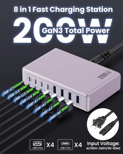 USB C Charger 200W USB C Charger Block,Upgraded GaN III 8-Port Fast Charging Station Hub,PD 65W Laptop Charging Adapter Compatible with MacBook Pro/Air,DELL,Steam Deck,iPhone 16/15/14,Galaxy S23/22 - Image 2