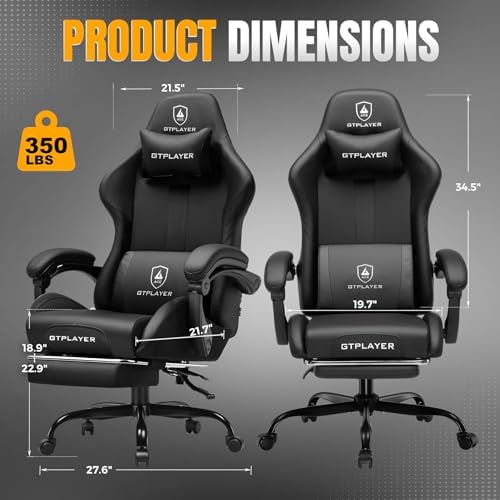 GTPLAYER Gaming Chair with Pocket Spring Cushion, Leather Office Chair with Ergonomic High Back & Lumbar Support for Back Pain Relief, Computer Game Chair for Adults, Black - Image 3