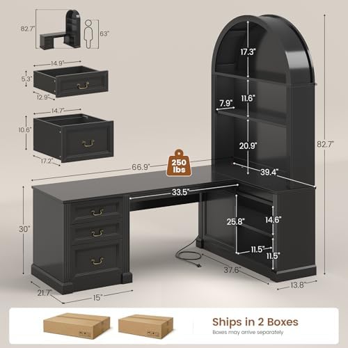 SEDETA 67" L Shaped Desk with Tall Arched Bookshelf & 3 Drawers Storage - Image 2