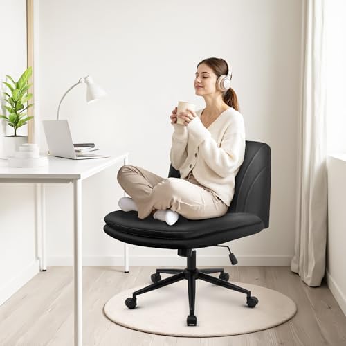 Orange Factory Criss Cross Chair, Wide Leather Vanity Desk Seat, Black Pu - Image 7