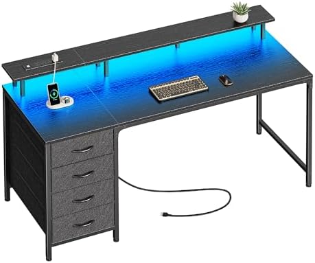 Huuger 55 Inch Computer Desk with Power Outlets and LED Lights, Gaming Desk with 4 Drawers, Office Desk with Monitor Stand, Study Work Home Office, Black by Huuger
