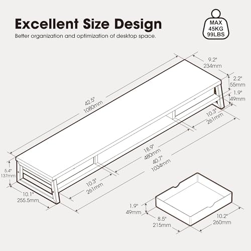 Fenge Dual Monitor Stand Riser, 42.5in Desk Shelf with 2 Drawers, White - Image 3