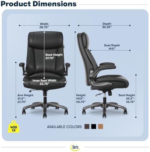 Serta Big and Tall Office Chair with Lumbar Support, Flip Arm Leather Chair - Image 2