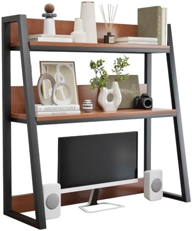 AQQHSAIN Desktop Hutch Shelf 2-Tier Ladder Bookshelf Computer Bookcase Wooden Desktop Display Rack Multipurpose Desk Hutch Top Only for Home Office Dorm Use (Brown, 75CM) by AQQHSAIN
