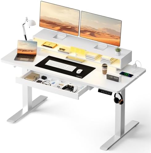 GTPLAYER Electric Standing Desk with Drawers, 48 x 24 Inch Height Adjustable Gaming Desk with Monitor Stand, Power Outlets & LED Lights, Home Office Sit Stand Up Desk with Memory Preset (White) by GTPLAYER
