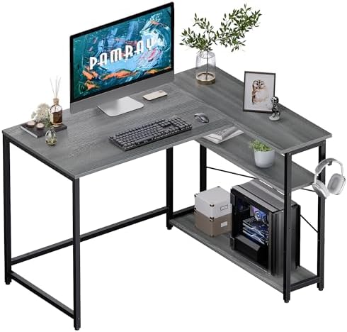 Pamray 43 Inch L Shaped Computer Desk with Reversible Side Storage Shelves, Small Corner Desk for Small Space Home Office,Writing Study Table PC Desk for Bedroom,Espresso Gray by PAMRAY