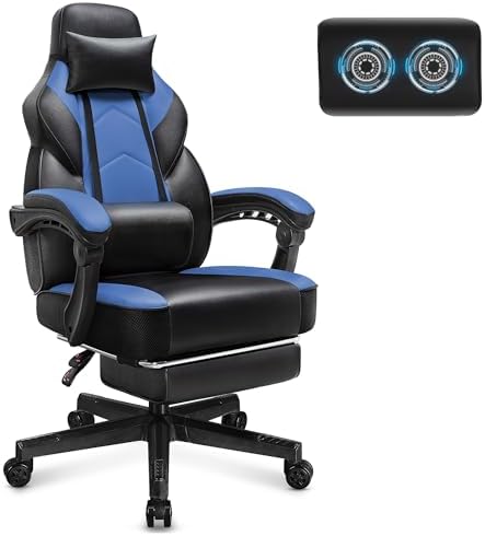 Video Game Chair for Adults, Gaming Chair with Footrest, Big and Tall Computer Chair with Massage Lumbar Support 330lbs Weight Capacity, Adjustable Height, 360° Swivel Seat and Headrest (Blue) by Meilocar
