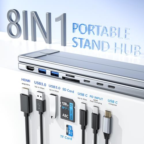 Laptop Stand with Docking Station, 8 in 1 USB C Hub HDMI Portable Laptop Stand for Desk with USB Ports, Multiport USBC Dock Stands Foldable Adjustable Computer Riser Holder Dongle for MacBook - Image 2