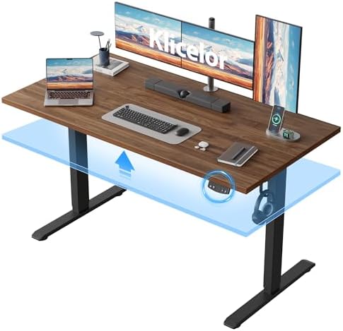 Klicelor 55 Inch Large Electric Standing Desk, Height Adjustable Office Desk, Sit Stand Up Computer Gaming Desk with Memory Preset, Two-Piece Desktop, Dark Walnut by Klicelor