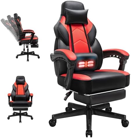 Gaming Chairs for Adults, Computer Chair with Footrest, High Back, Big and Tall Gamer Chair‘s with Massage Lumbar Support, 360° Swivel Height Adjustable Computer Chaires, Dark Red by GamingChairs