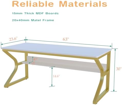 OSCHF 63-Inch Extra Long Desk with Storage Shelf, Gold - Image 2