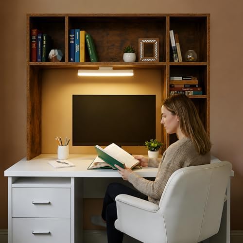 3 Tier Desktop Bookshelf with Rechargeable Eye-Friendly LED Desk Light, Desk Hutch Organizer with 5 Shelves, Wooden Desk Bookshelf for Office, Dorm and Small Space, Brown - Image 3