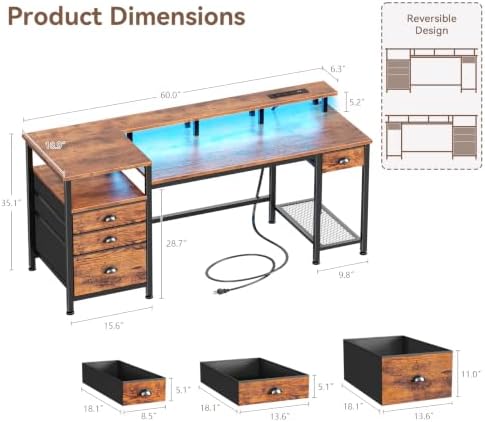Furologee 60" Computer Desk with 4 Drawers, Power Outlet, LED, Rustic Brown - Image 3
