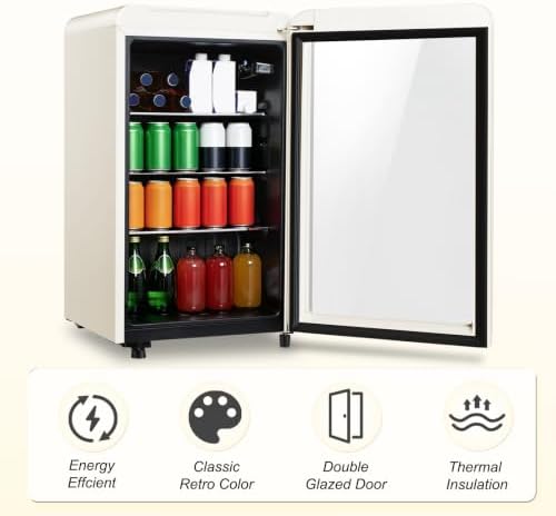 Retro Beverage Refrigerator, 3.2 Cu.Ft Mini Fridge with Glass Door, Vintage Freestanding Drink Cooler for Office, Bar, Home, Adjustable Shelving, Adjustable Thermostat (White) - Image 3