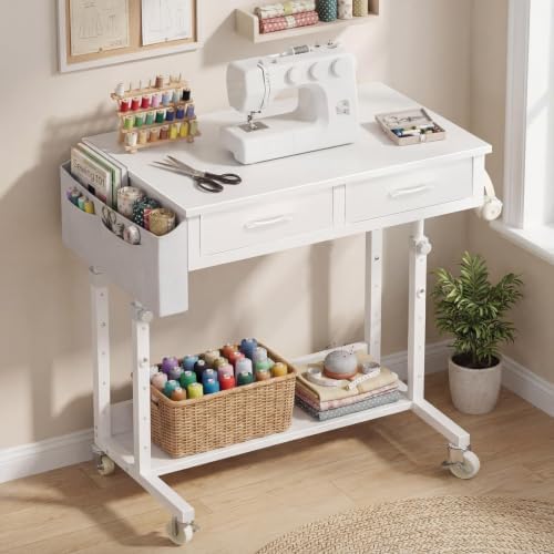 WINAZ Small Rolling Standing Desk with Drawers & Storage, 32 Inch Height Adjustable Desk on Wheels for Teachers, Students, Portable Mobile Workstation for Home Office, Small Spaces, Sewing & Crafts - Image 6
