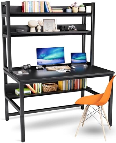 Aquzee Computer Desk with Hutch and Bookshelves, Large Leg Room 47 inch Width Black Desk with Space Saving Storage Shelves for Home Office,Study, Work, Easy Assemble by Aquzee
