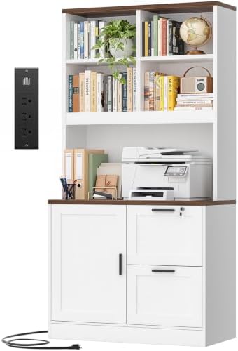 Vertical File Cabinet Bookcase with Printer Stand & Charging Station, White by Homieasy