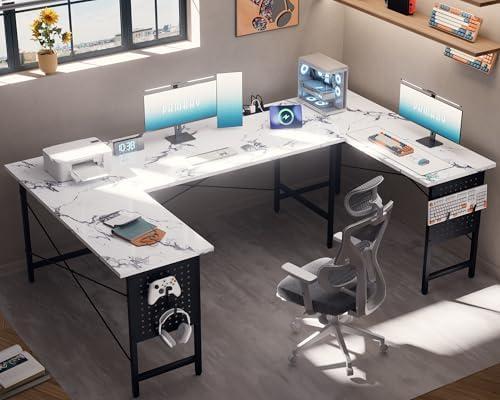 Pamray 71 Inch Large Computer Desk with Power Outlets,U Shaped Corner Desk for Home Office Work and Gaming Marble by PAMRAY