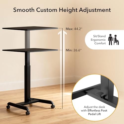 Mount-It! Rolling Laptop Desk Adjustable Height (29.6”-44.2”), Mobile Workstation Cart with 23.6” x 20.5” Desktop, Small Sit-Stand Desk for Home, Office, or Classroom in Black - Image 5