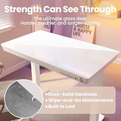 HUANUO Glass Standing Desk with Drawers, 35 X 20 Inch Electric Adjustable Height Desk, Quick Install One-Piece Tabletop with USB Charging Ports, White - Image 5