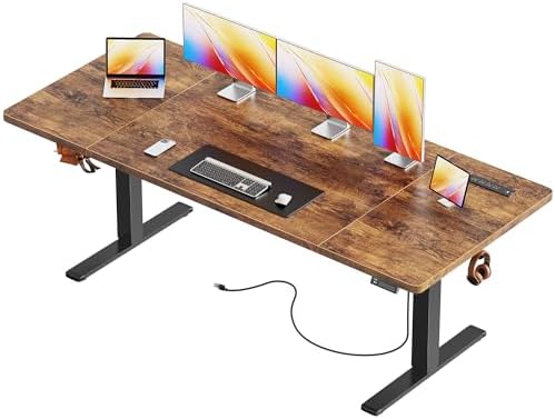 Huuger 71 x 30 Large Electric Standing Desk, Height Adjustable Computer Desk, 29.5" Deep Desktop, Stand up Gaming Office Table with 2 Hooks, 3 Preset Heights, for Home Office, Rustic Brown by Huuger