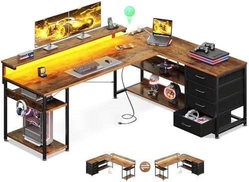 AODK 61 Inch L Shaped Computer Desk with 4 Drawers, LED Lights, Vintage by AODK