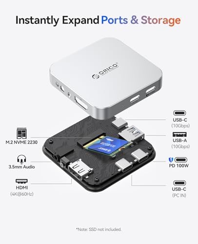 ORICO 10Gbps Magnetic M.2 Docking Station, 6-in-1 USB C HUB & M.2 2230 NVMe Enclosure with HDMI 4K@60Hz, USB-A&C 3.2, 100W PD, AUX, USBC Dock for iPhone 17/16/15 Pro/Pro Max - Image 2